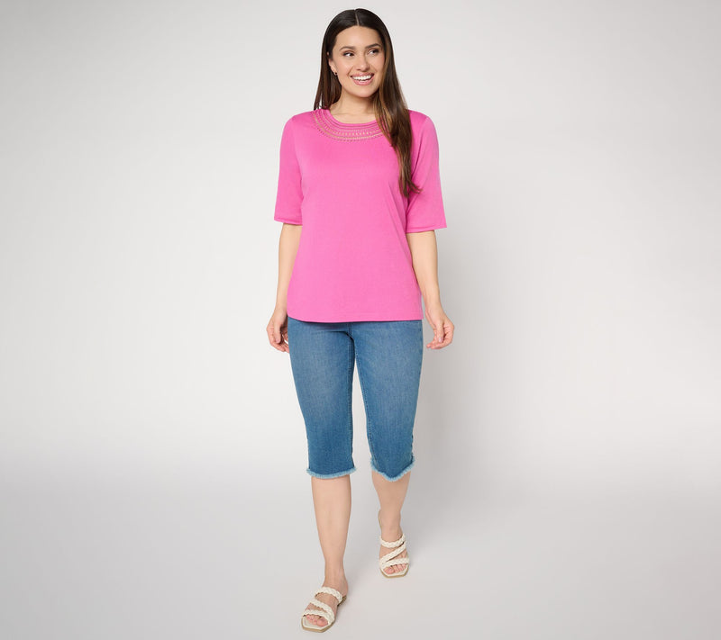 Denim & Co. Beach Knit Gauze Elbow Sleeve Top w/ Crochet — View 5