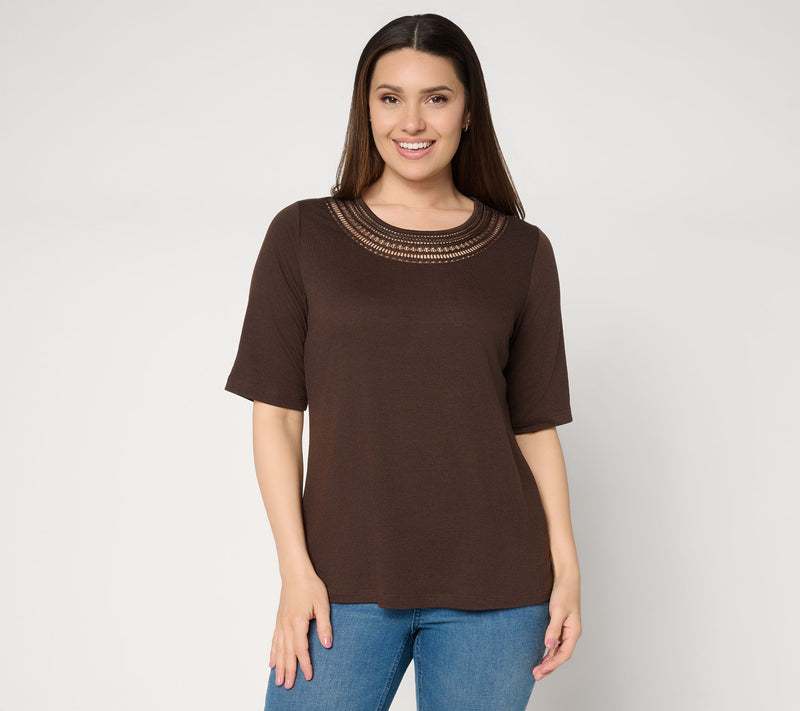 Denim & Co. Beach Knit Gauze Elbow Sleeve Top w/ Crochet — View 13