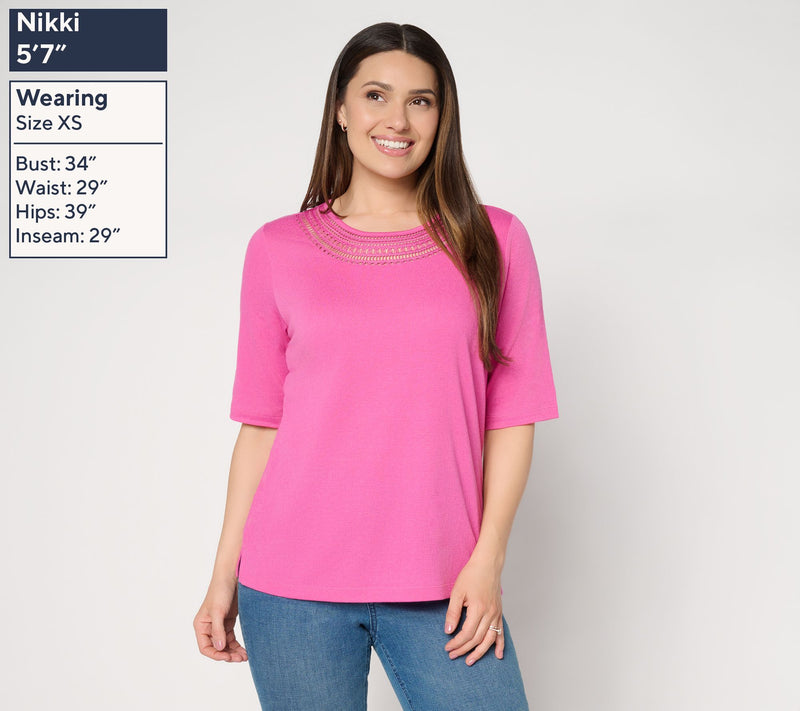 Denim & Co. Beach Knit Gauze Elbow Sleeve Top w/ Crochet — View 3