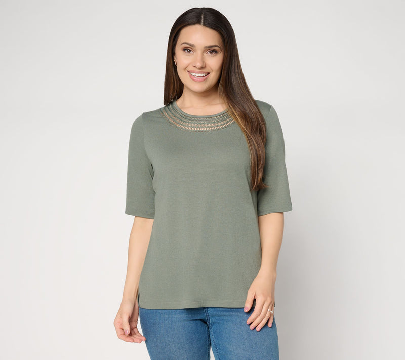 Denim & Co. Beach Knit Gauze Elbow Sleeve Top w/ Crochet — View 15