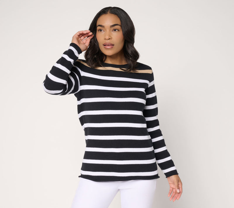 Denim & Co. Striped 100% Cotton Crew Neck Long Sleeve Sweater — View 9