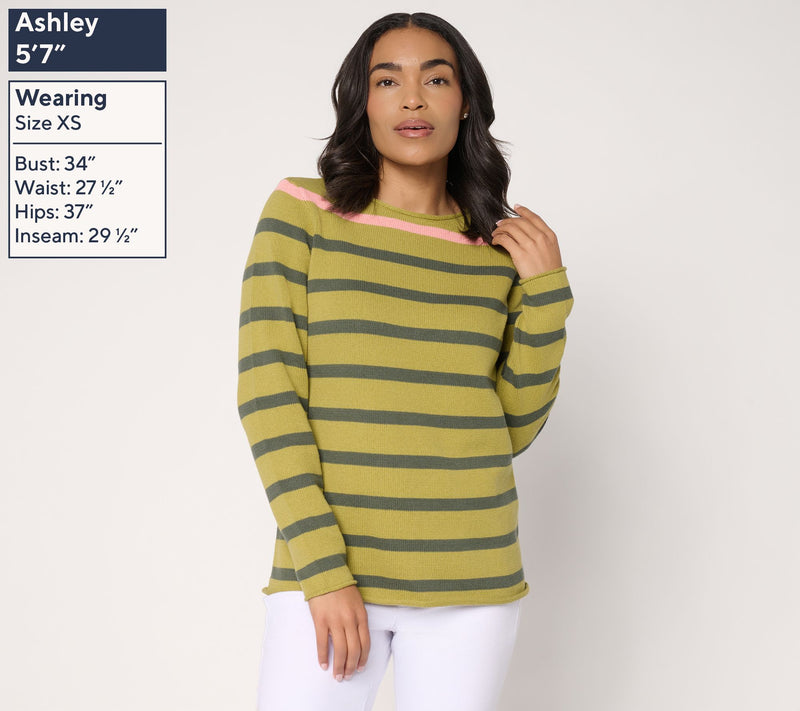 Denim & Co. Striped 100% Cotton Crew Neck Long Sleeve Sweater — View 3