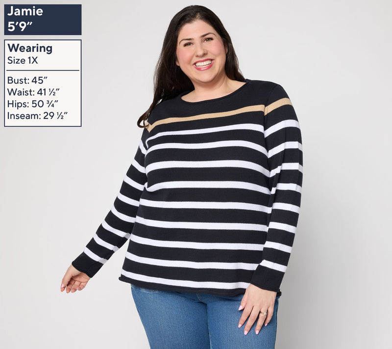 Denim & Co. Striped 100% Cotton Crew Neck Long Sleeve Sweater — View 2