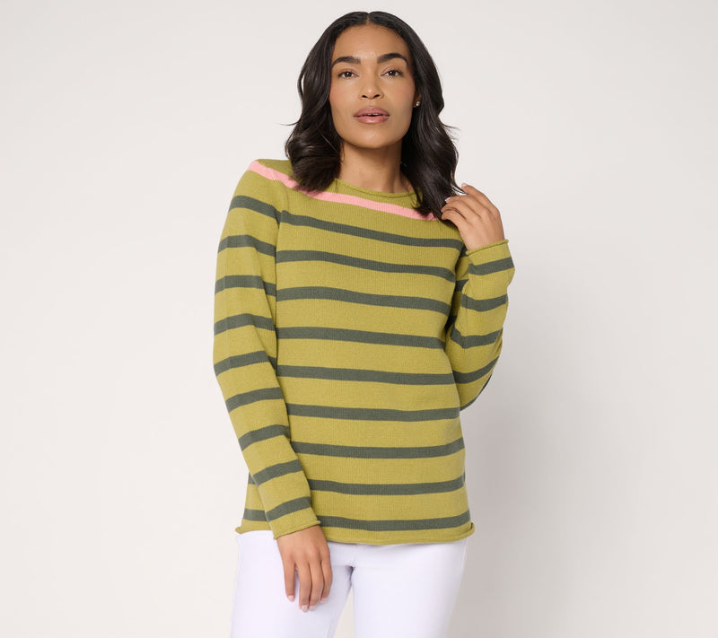 Denim & Co. Striped 100% Cotton Crew Neck Long Sleeve Sweater — Main view