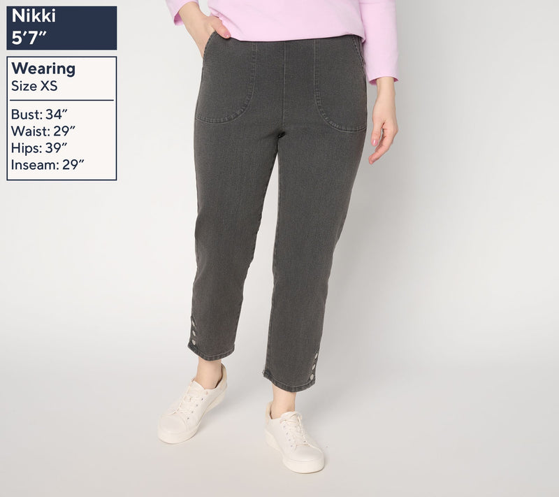 Denim & Co. Regular Black Flat Front Side Pocket Crop Pants w/ Snaps — View 2