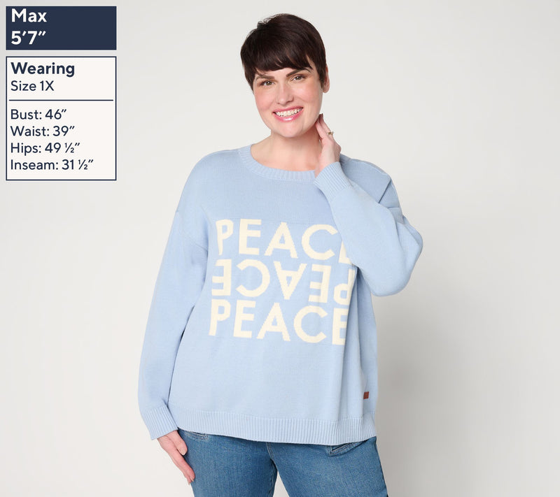 Peace Love World 100% Cotton Motif Crew Neck Sweater — View 6