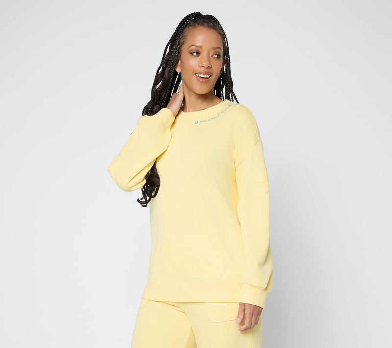 Peace Love World French Terry Sweatshirt with Crochet Detail — View 12