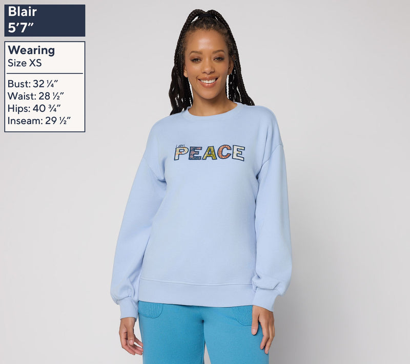 Peace Love World Affirmation Applique Crew Neck Pullover — View 3
