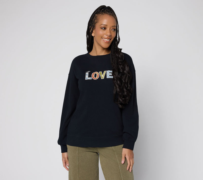 Peace Love World Affirmation Applique Crew Neck Pullover — View 11