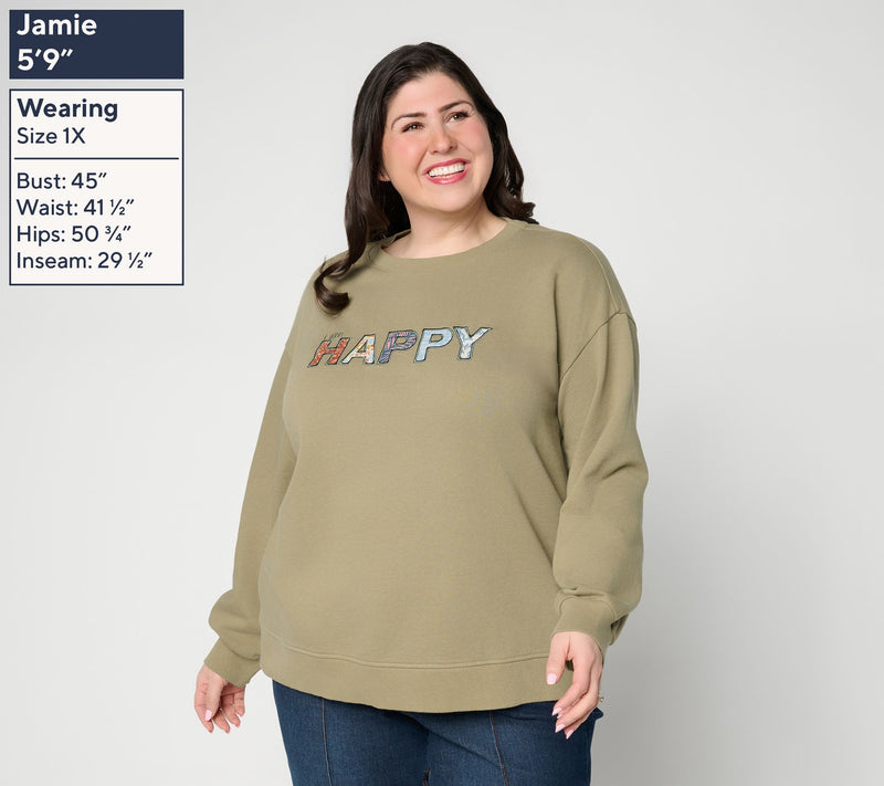Peace Love World Affirmation Applique Crew Neck Pullover — View 2