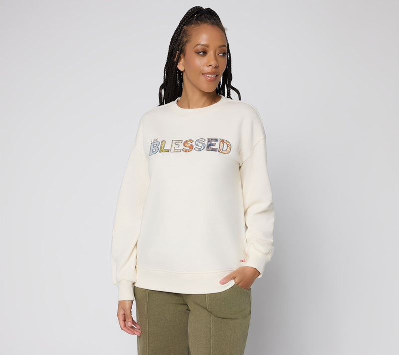 Peace Love World Affirmation Applique Crew Neck Pullover — View 13