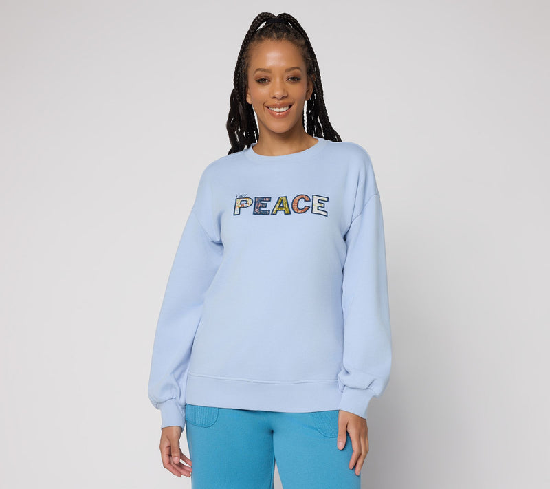 Peace Love World Affirmation Applique Crew Neck Pullover — View 14