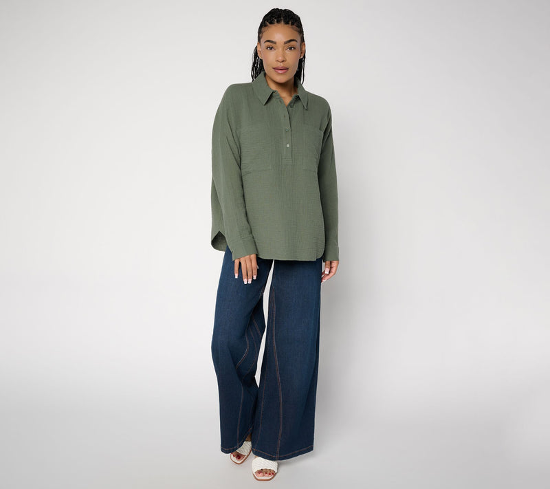 Peace Love World Cotton Gauze Long Sleeve Polo Top — View 7