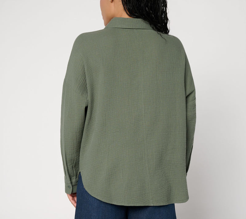 Peace Love World Cotton Gauze Long Sleeve Polo Top — View 6