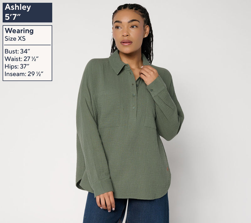 Peace Love World Cotton Gauze Long Sleeve Polo Top — View 5