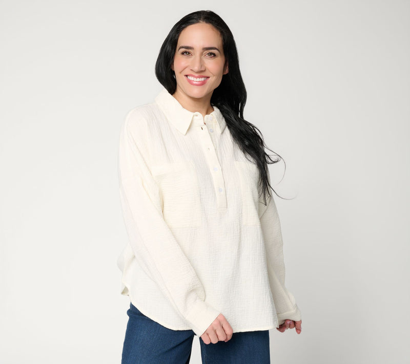 Peace Love World Cotton Gauze Long Sleeve Polo Top — Main view