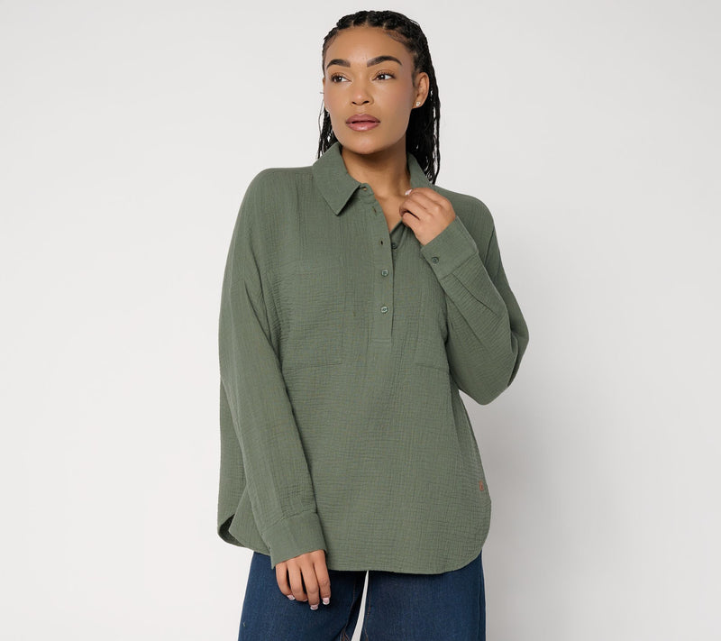Peace Love World Cotton Gauze Long Sleeve Polo Top — View 11