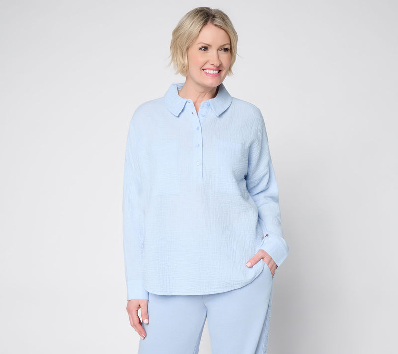 Peace Love World Cotton Gauze Long Sleeve Polo Top — View 12