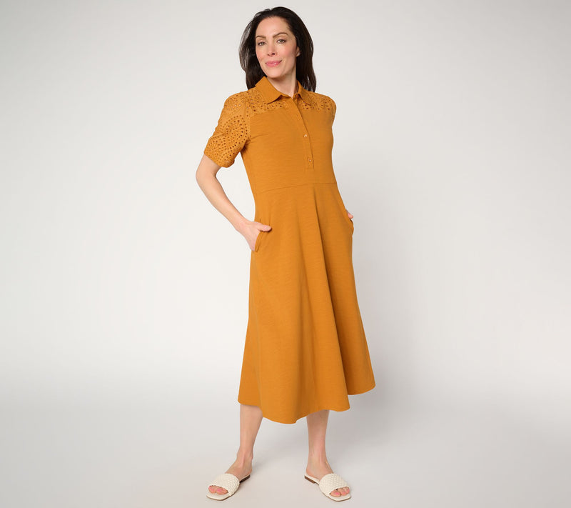 Joan Rivers Regular Eyelet Short-Sleeve Henley Midi Dress — Main view