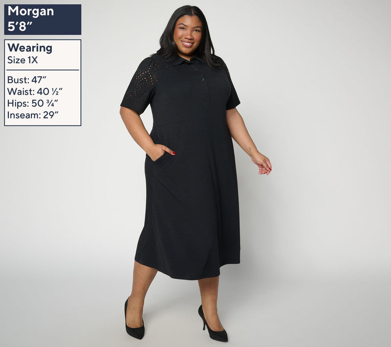 Joan Rivers Petite Henley Short-Sleeve Eyelet Midi Dress — View 2