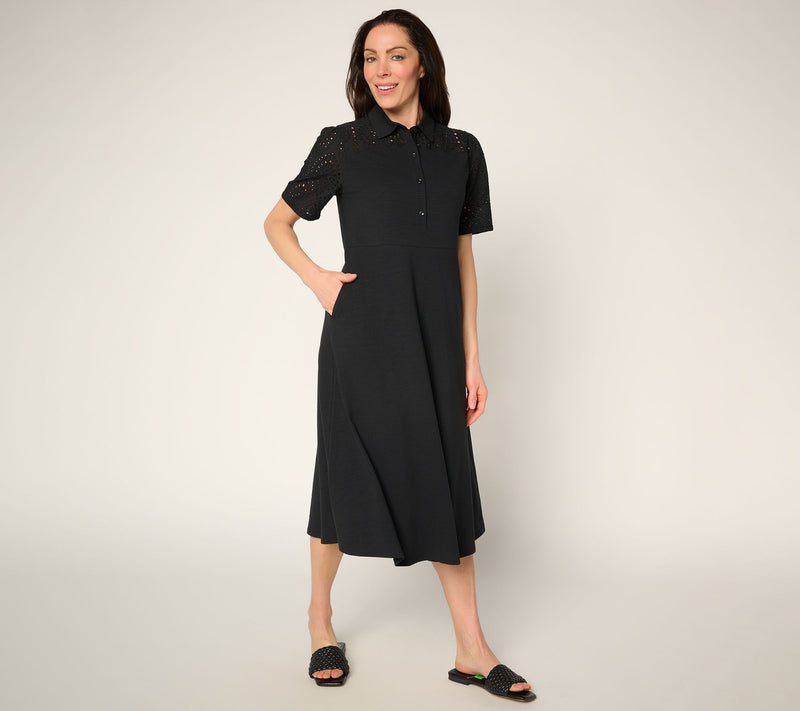 Joan Rivers Petite Henley Short-Sleeve Eyelet Midi Dress — View 10