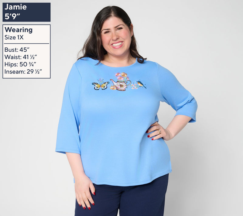 Quacker Factory Spring Things Embroidered and Sequins 3/4 sleeve Top — View 2