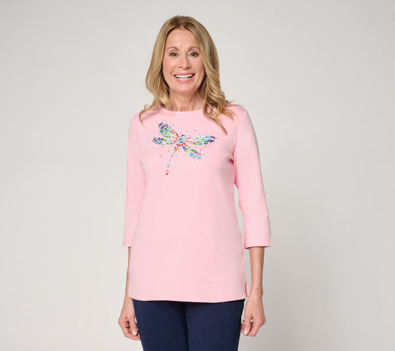 Quacker Factory Dragonfly Wishes Embroidered 3/4 Sleeve Top — Main view