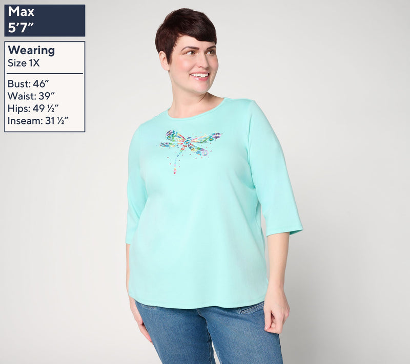 Quacker Factory Dragonfly Wishes Embroidered 3/4 Sleeve Top — View 2