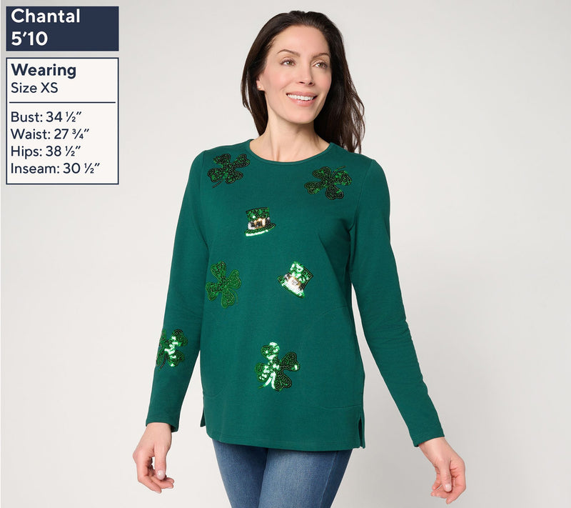 Quacker Factory Feelin' Lucky French Terry Long Sleeve Top — View 3
