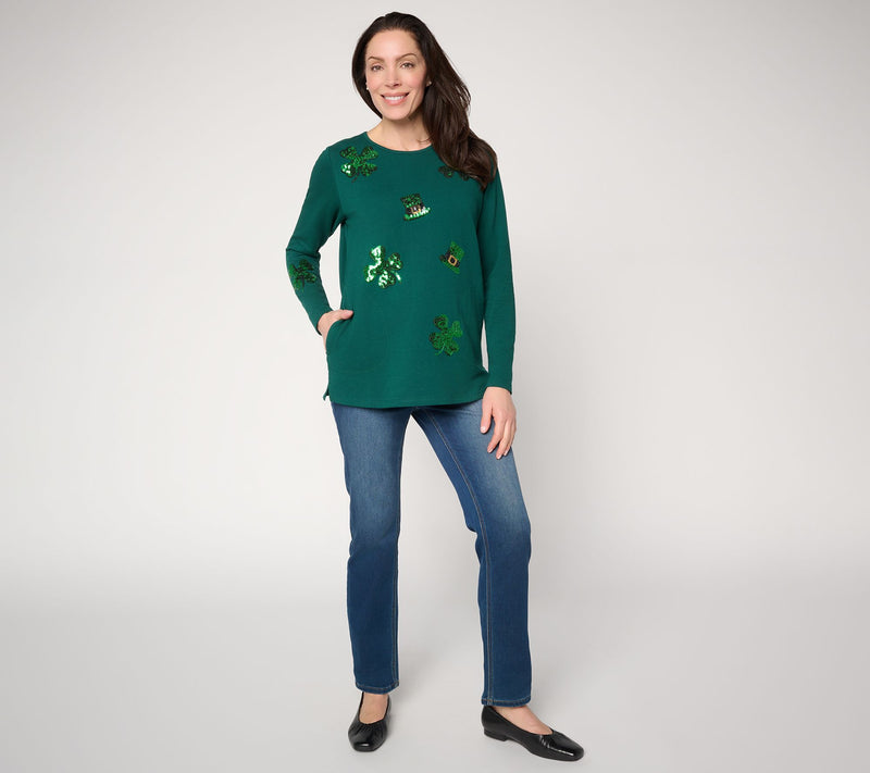 Quacker Factory Feelin' Lucky French Terry Long Sleeve Top — View 5
