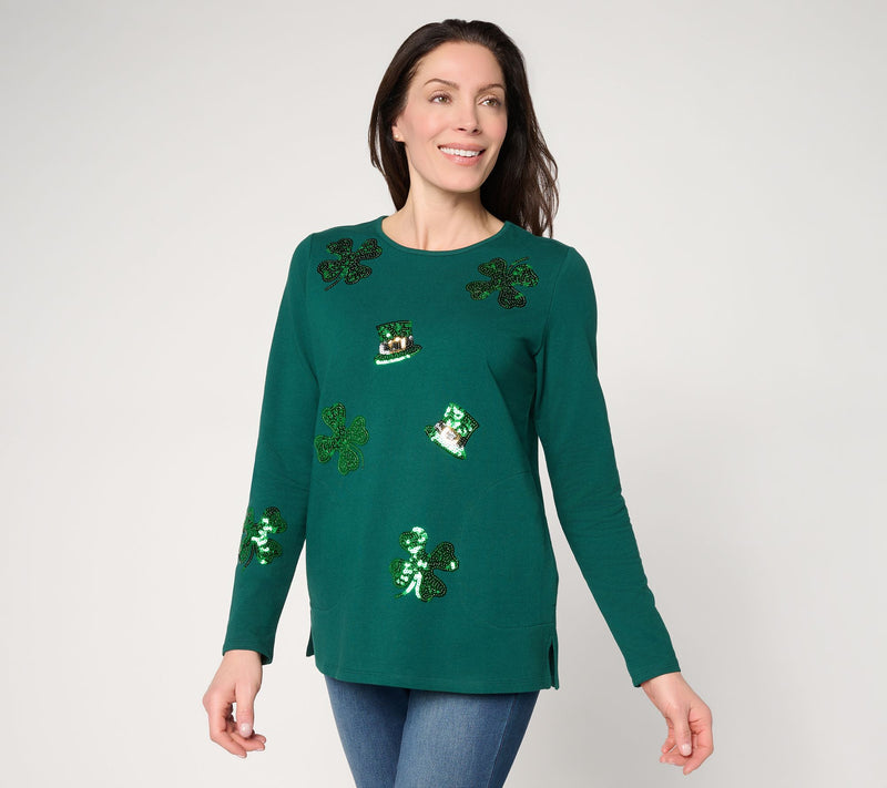 Quacker Factory Feelin' Lucky French Terry Long Sleeve Top — Main view