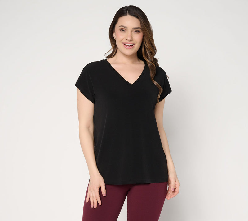 Susan Graver Essentials Liquid Knit Extended Sleeve V-Neck Top — Main view