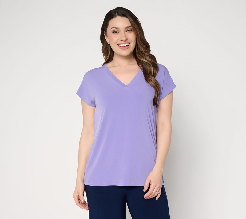Susan Graver Essentials Liquid Knit Extended Sleeve V-Neck Top — View 2