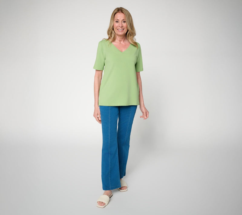 Susan Graver Essentials Comfy Cotton V-Neck Elbow Sleeve Top — View 4