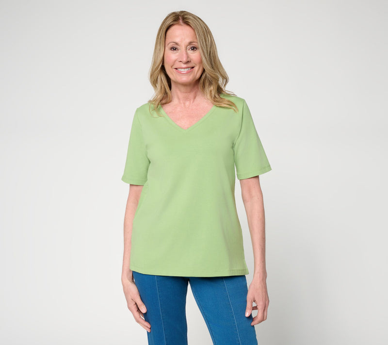Susan Graver Essentials Comfy Cotton V-Neck Elbow Sleeve Top — Main view
