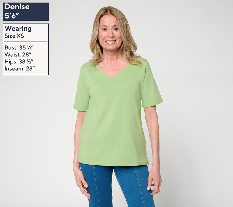 Susan Graver Essentials Comfy Cotton V-Neck Elbow Sleeve Top — View 2