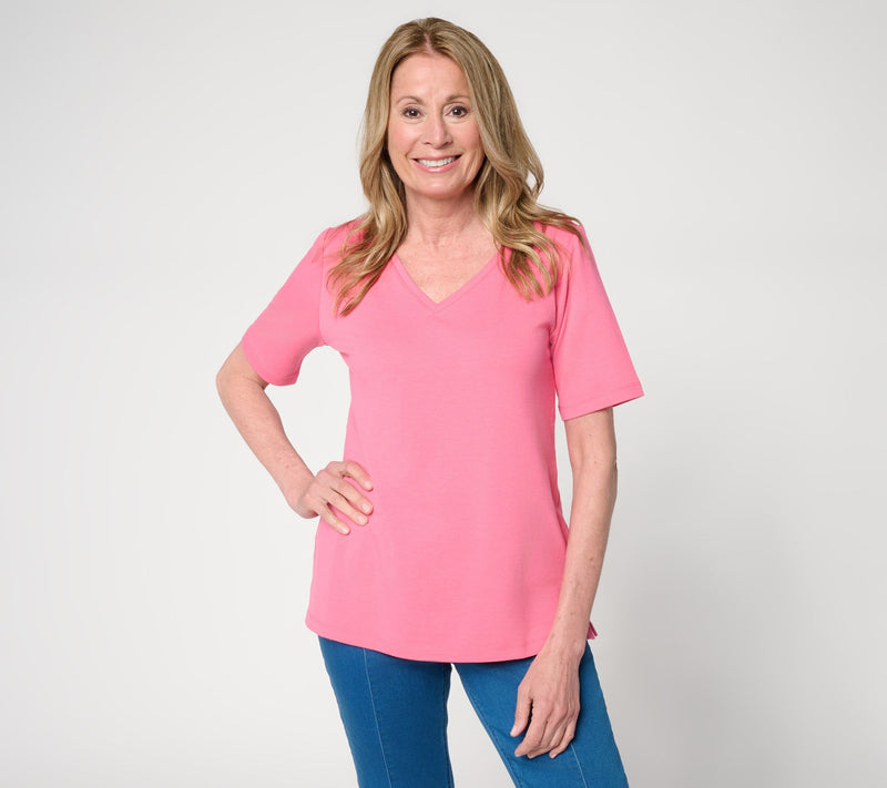 Susan Graver Essentials Comfy Cotton V-Neck Elbow Sleeve Top — View 14