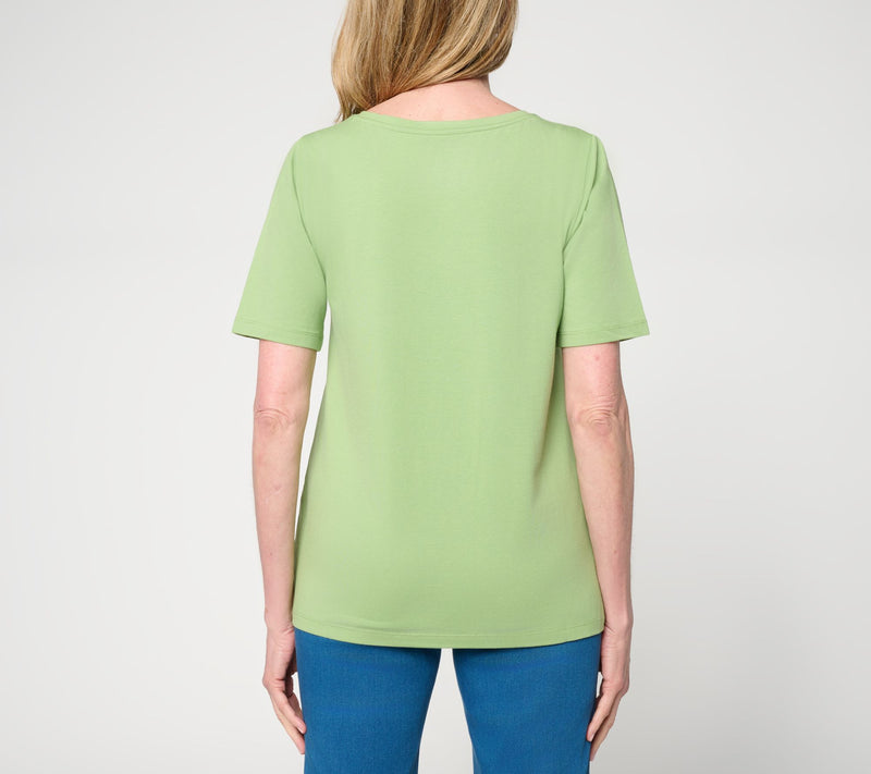 Susan Graver Essentials Comfy Cotton V-Neck Elbow Sleeve Top — View 3