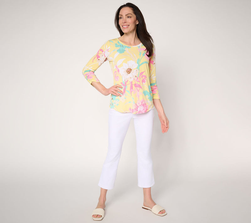 Susan Graver Printed Liquid Knit Top with Shirttail Hem — View 5