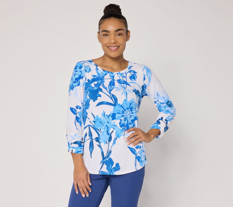 Susan Graver Printed Liquid Knit Top with Shirttail Hem — View 11
