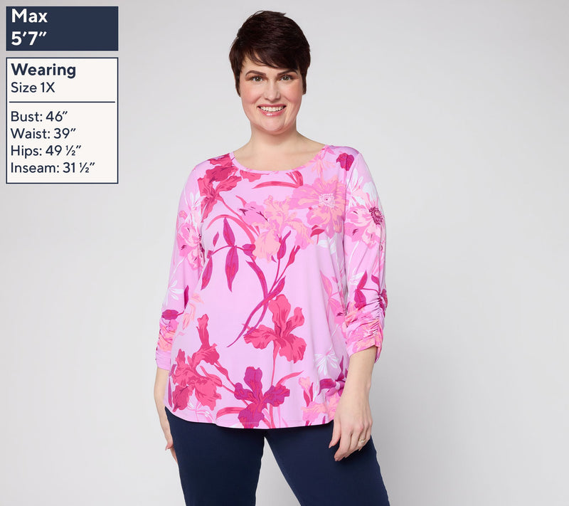 Susan Graver Printed Liquid Knit Top with Shirttail Hem — View 2
