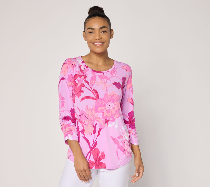 Susan Graver Printed Liquid Knit Top with Shirttail Hem — View 12