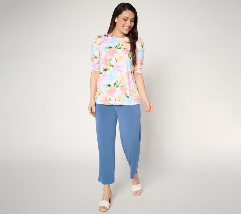 Susan Graver Printed Liquid Knit Ruched Elbow-Sleeve Top — View 5
