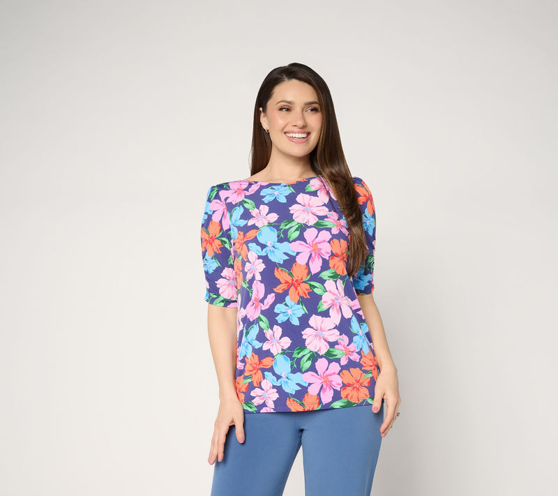 Susan Graver Printed Liquid Knit Ruched Elbow-Sleeve Top — View 11