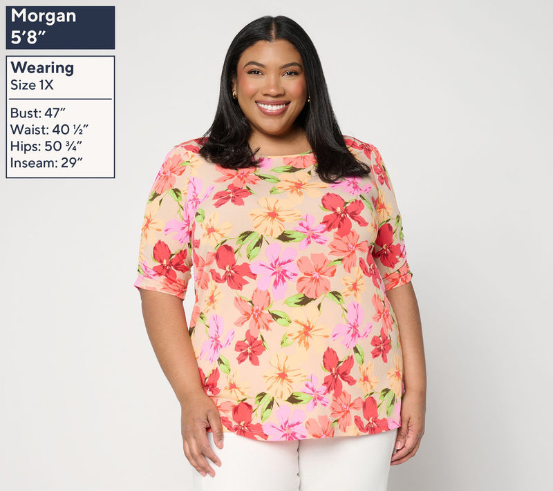 Susan Graver Printed Liquid Knit Ruched Elbow-Sleeve Top — View 2