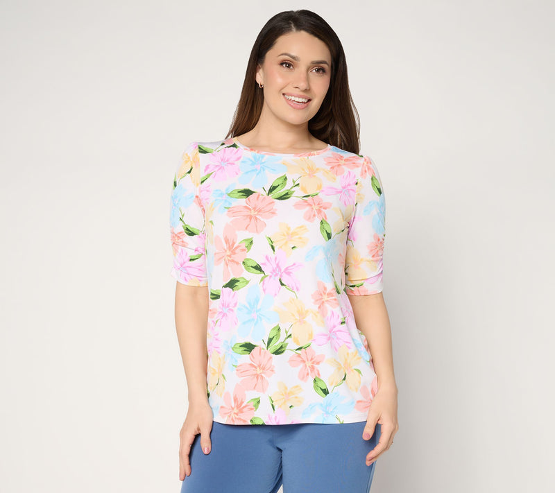 Susan Graver Printed Liquid Knit Ruched Elbow-Sleeve Top — Main view