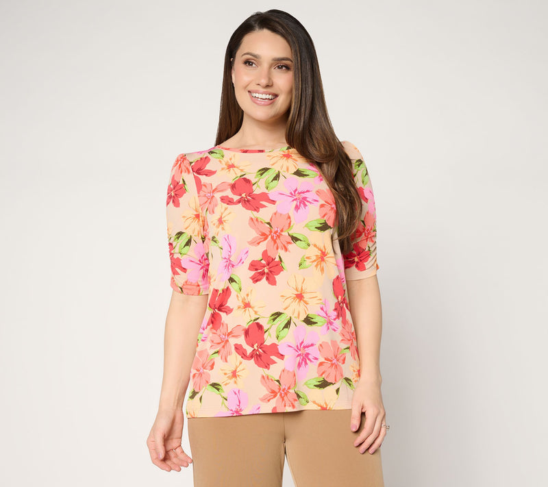 Susan Graver Printed Liquid Knit Ruched Elbow-Sleeve Top — View 12