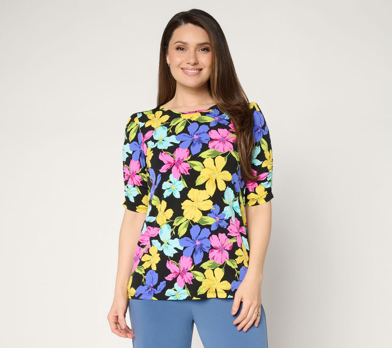 Susan Graver Printed Liquid Knit Ruched Elbow-Sleeve Top — View 13