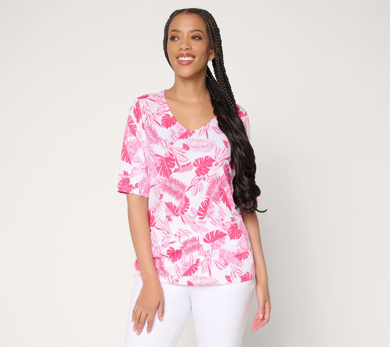 Susan Graver Printed Butterknit V-Neck Elbow Sleeve Top — Main view