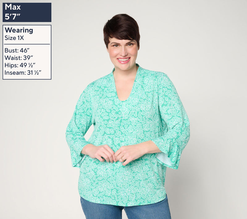 Susan Graver Printed Liquid Knit Voop-Neck Top with Flutter Sleeves — View 2